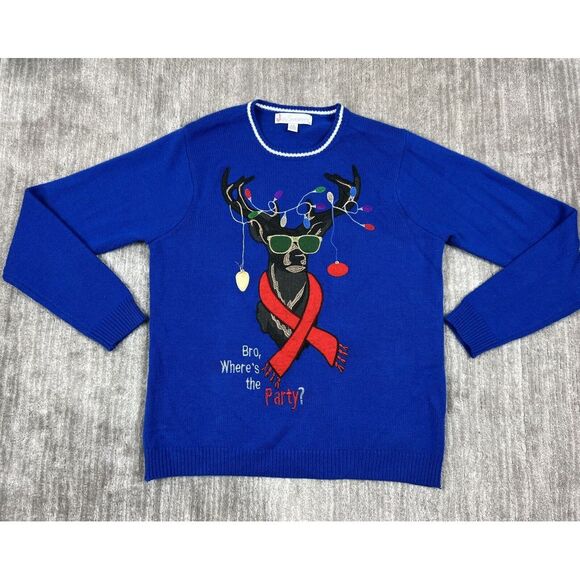 Jolly Sweaters Mens Large Blue Ugly Christmas Reindeer‎ Bro Wheres the Party - Picture 1 of 13